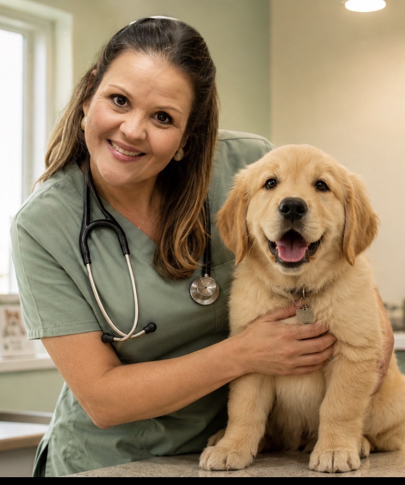 Veterinária da Casa dos Bichos sorrindo ao lado de um filhote de golden retriever