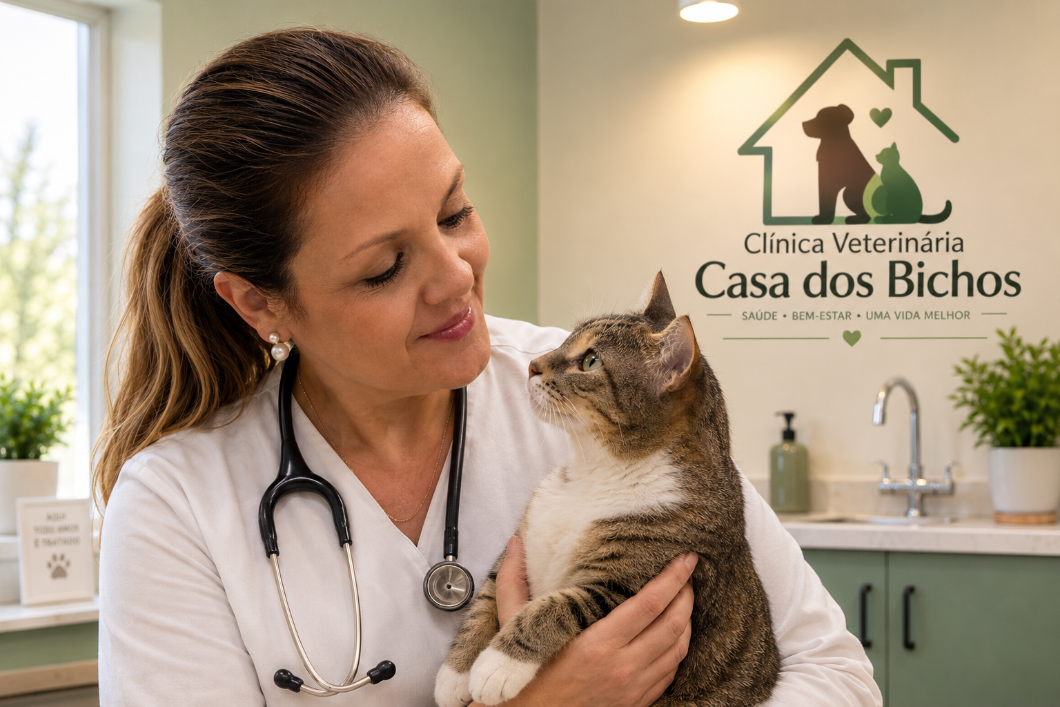 Veterinária da Casa dos Bichos segurando um gato no consultório